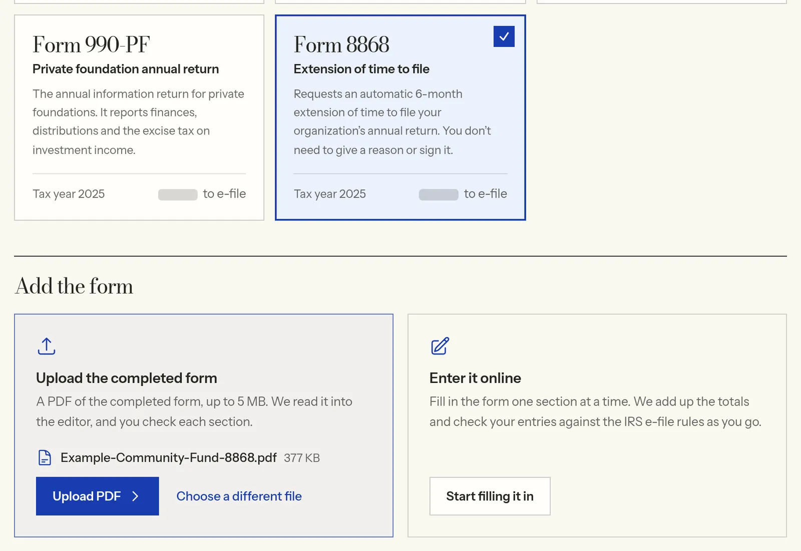 The filing screen with Form 8868 chosen and an example organization's completed Form 8868 PDF ready to upload