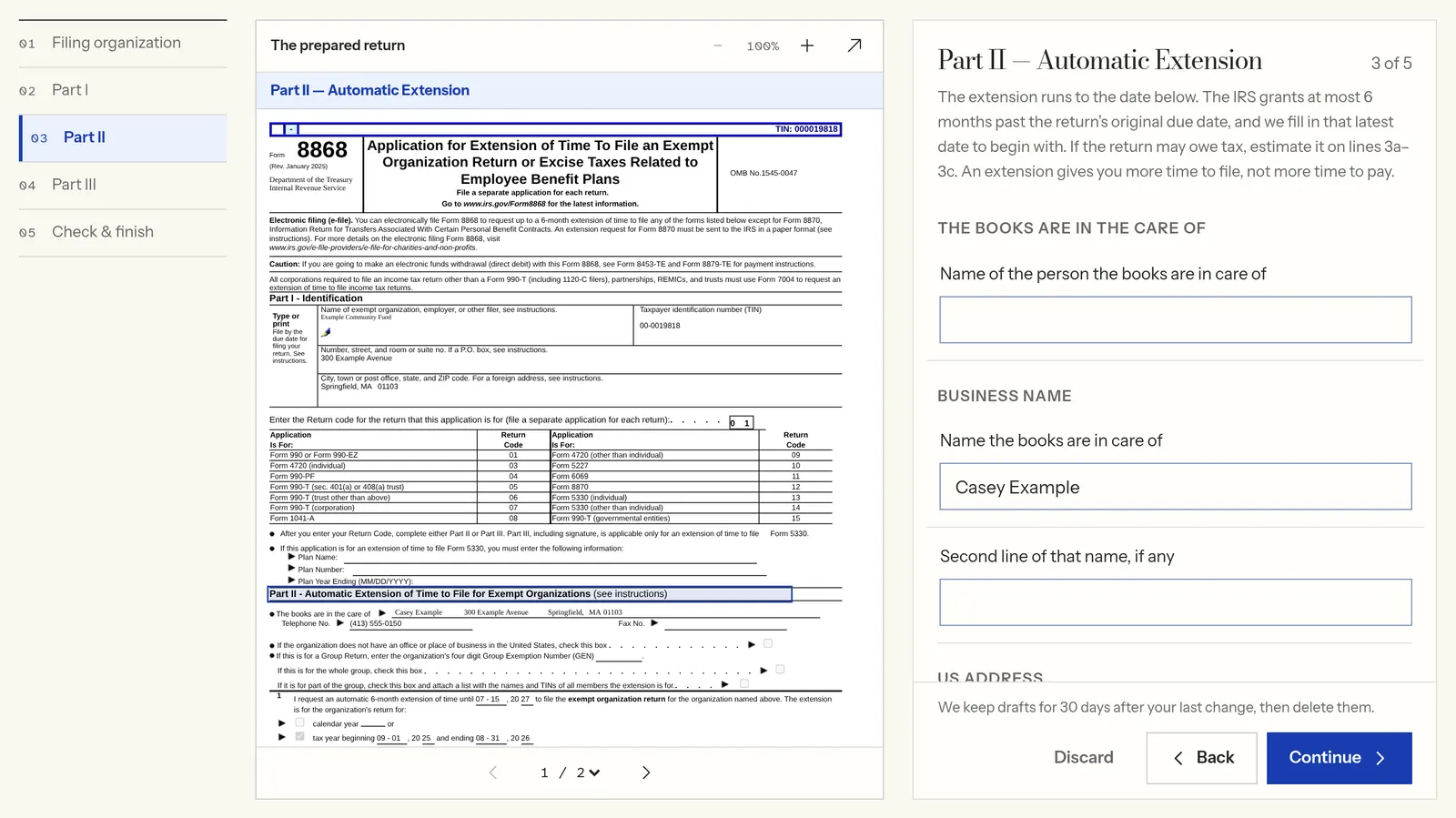 The editor on an example Form 8868: Part II of the IRS form beside the entries for who keeps the organization's books