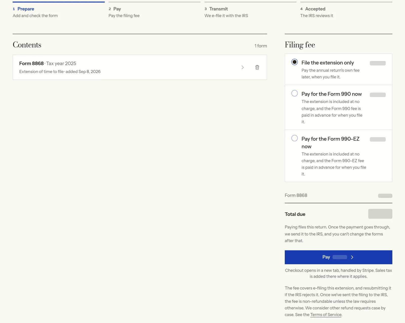 The filing page for an example Form 8868: the choice to file the extension only or pay for the annual return now, and the fee panel with what the fee covers and the refund terms