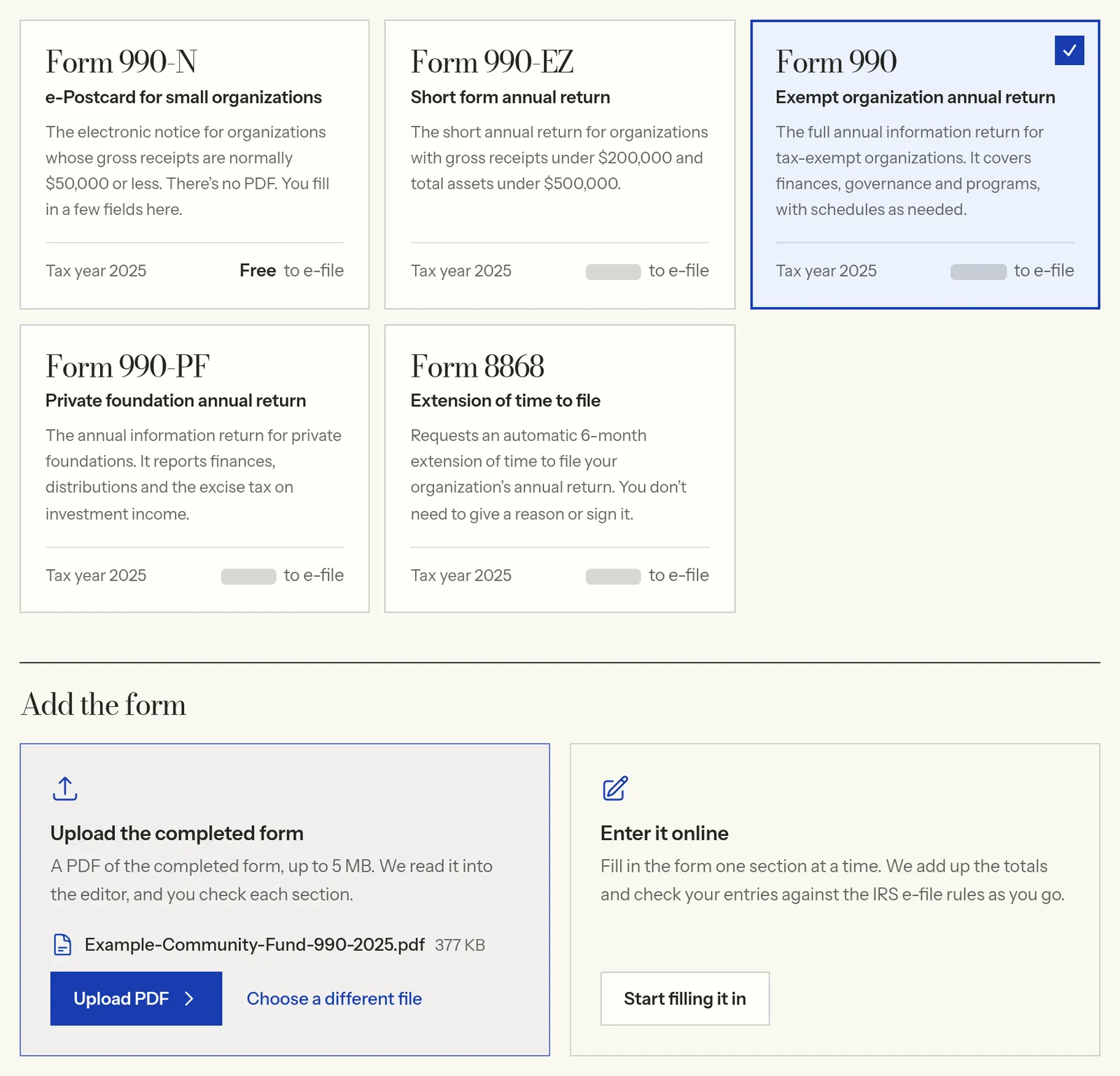 The filing screen with Form 990 chosen and an example organization's completed Form 990 PDF ready to upload