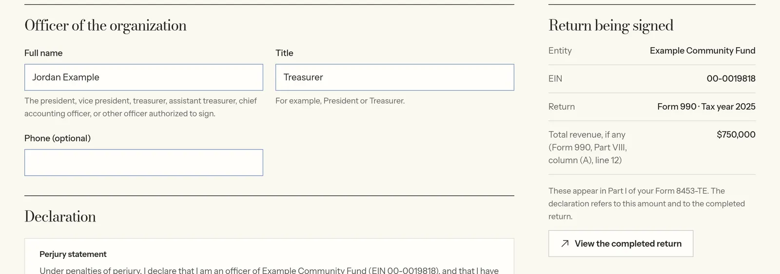 The signing page for an example organization: the officer's name and title, and a summary of the Form 990 being signed