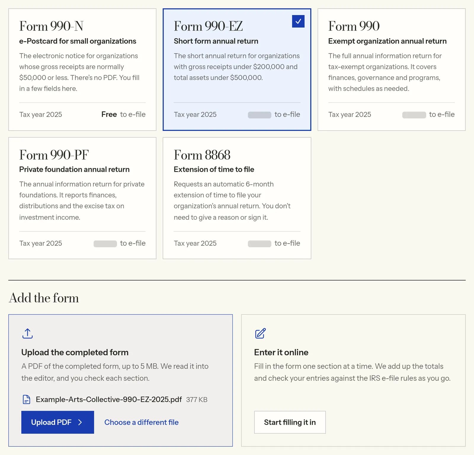 The filing screen with Form 990-EZ chosen and an example organization's completed Form 990-EZ PDF ready to upload