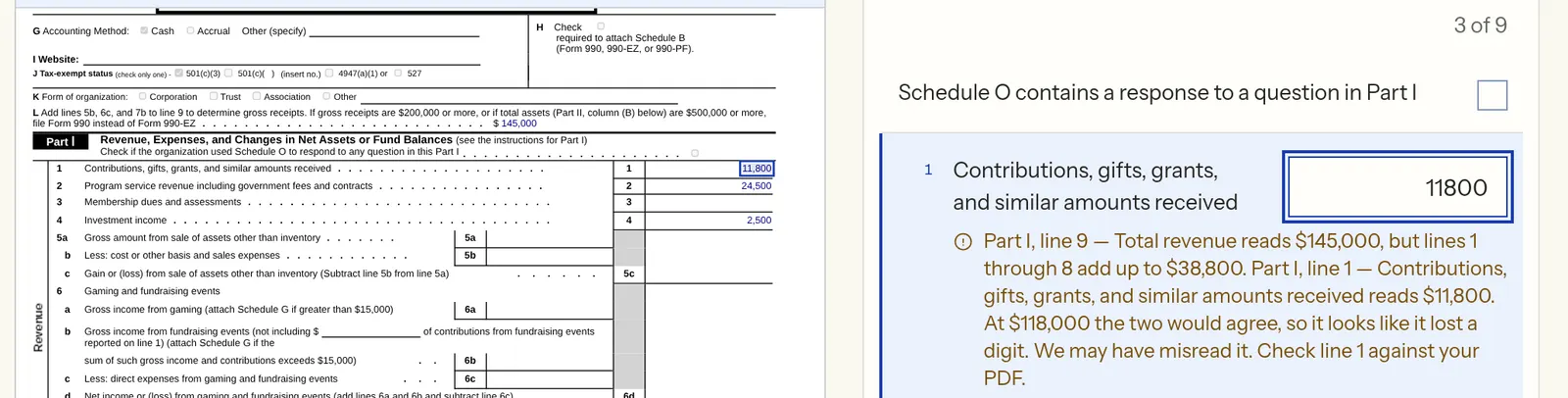 The editor on an example Form 990-EZ: Part I line 1 highlighted on the IRS form, and a note that line 9 no longer adds up because line 1 looks like it lost a digit