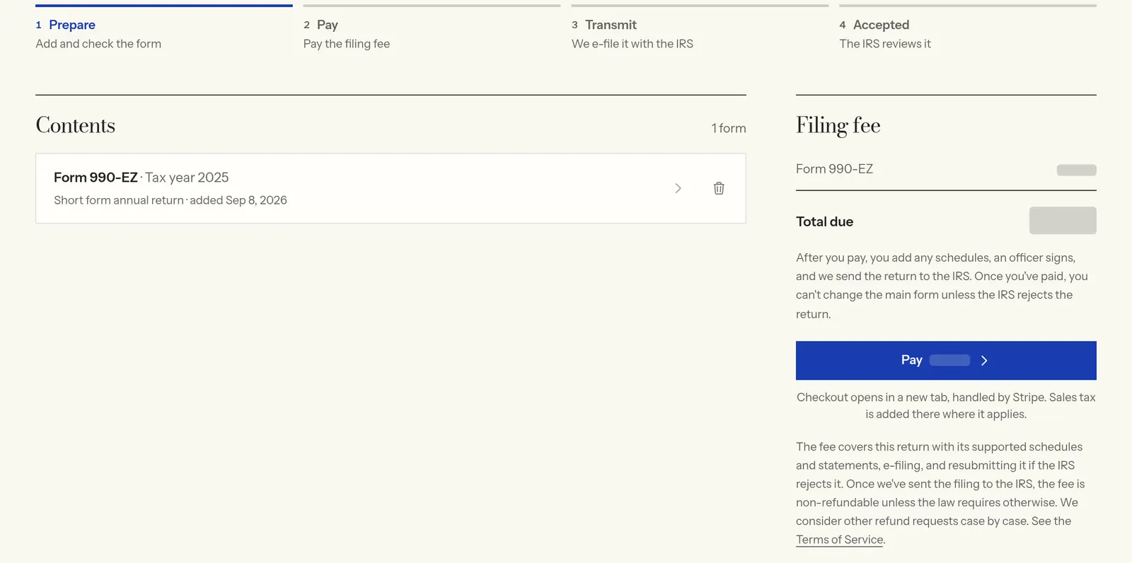 The filing page for an example Form 990-EZ before payment: the prepare, pay, transmit and accepted steps, and the filing fee panel with what the fee covers and the refund terms
