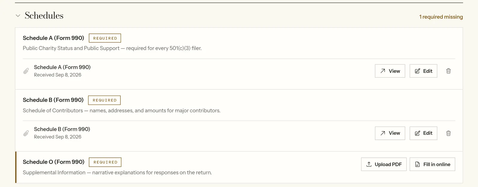 The attachments page for an example Form 990-EZ: Schedules A and B attached, Schedule O still required
