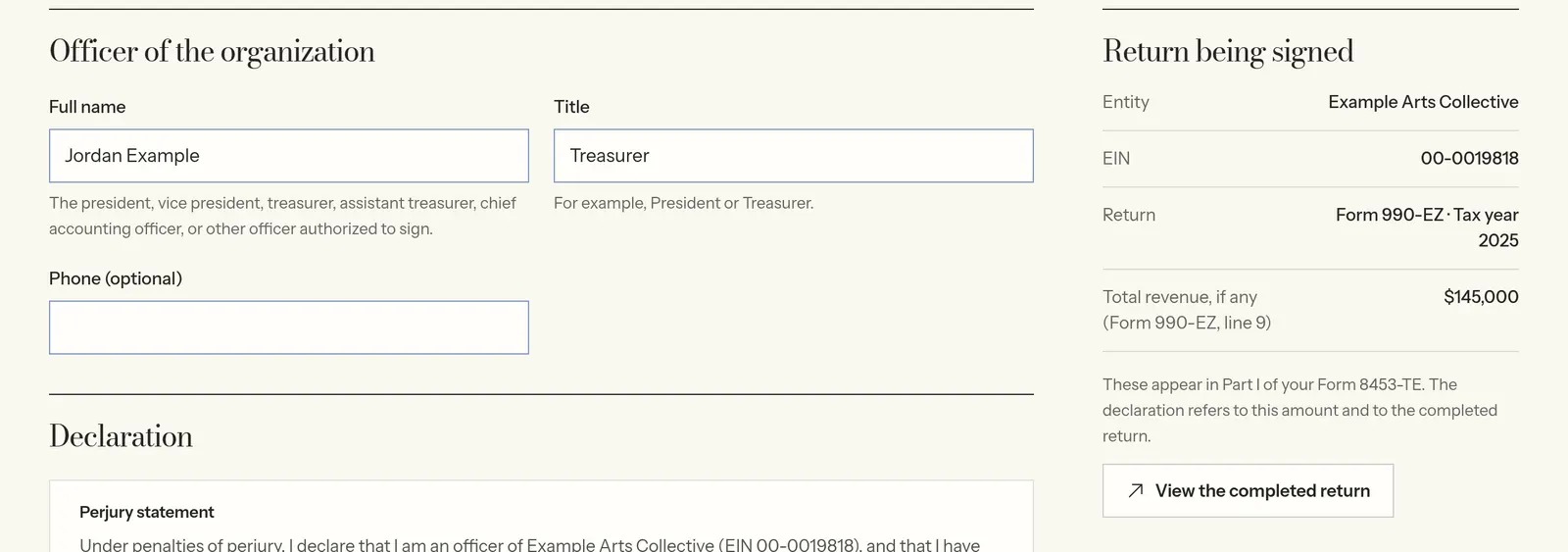 The signing page for an example organization: the officer's name and title, and a summary of the Form 990-EZ being signed