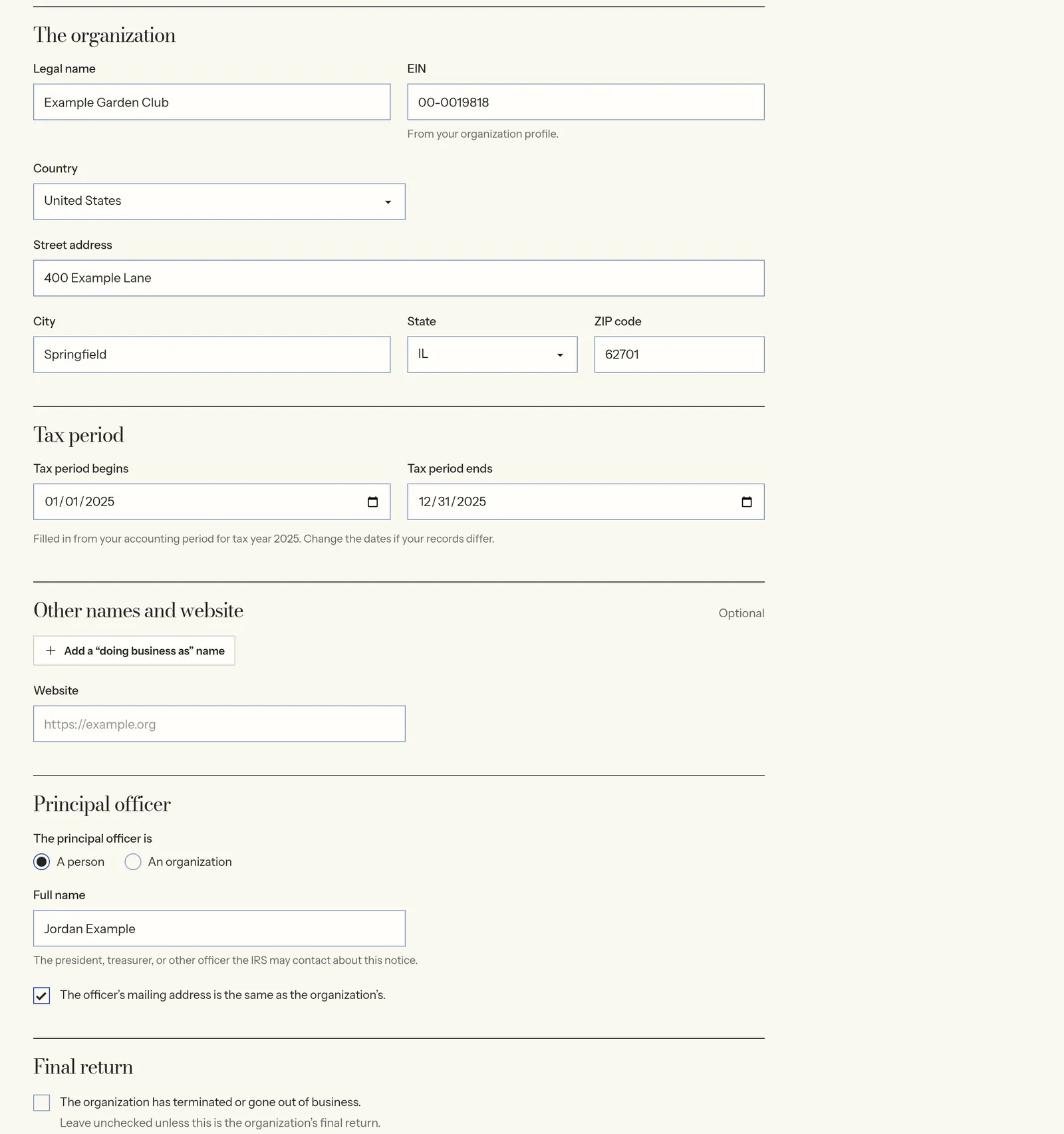 The Form 990-N entry form for an example organization: its name, EIN, address and tax period filled in, the principal officer entered, and the gross receipts declaration checked