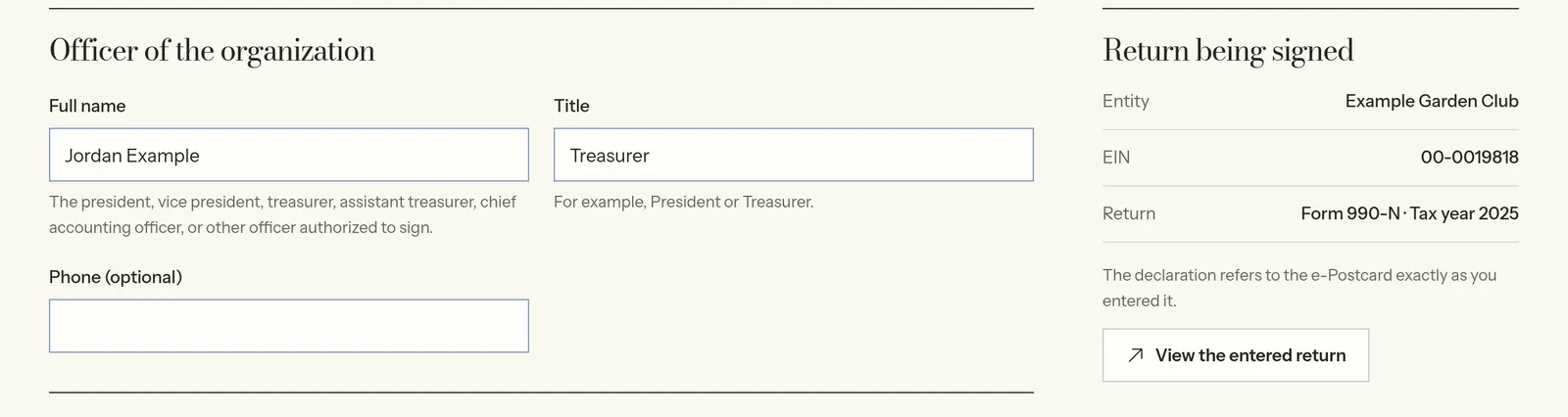 The signing page for an example organization: the officer's name and title, and a summary of the Form 990-N being signed