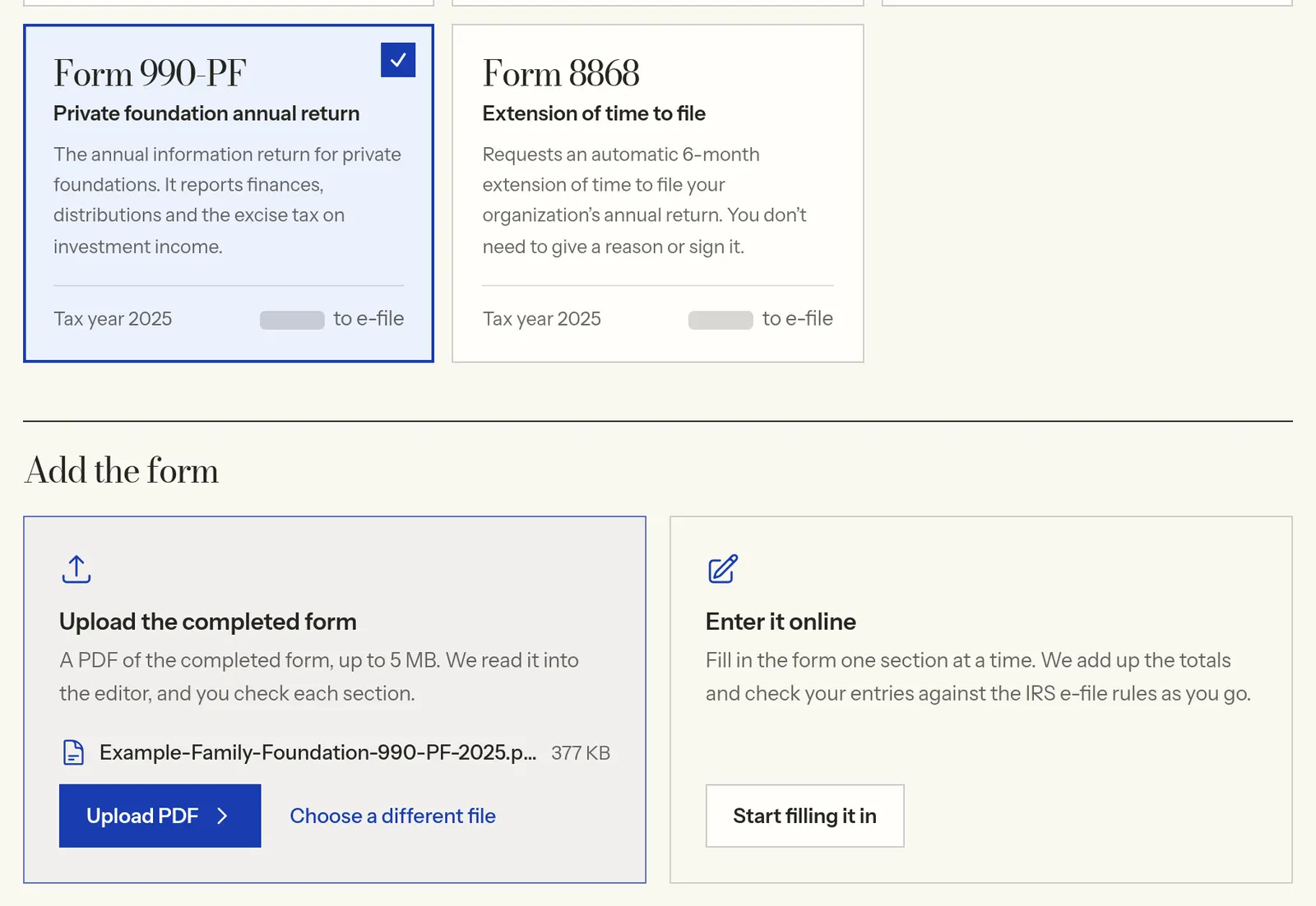The filing screen with Form 990-PF chosen and an example foundation's completed 990-PF PDF ready to upload