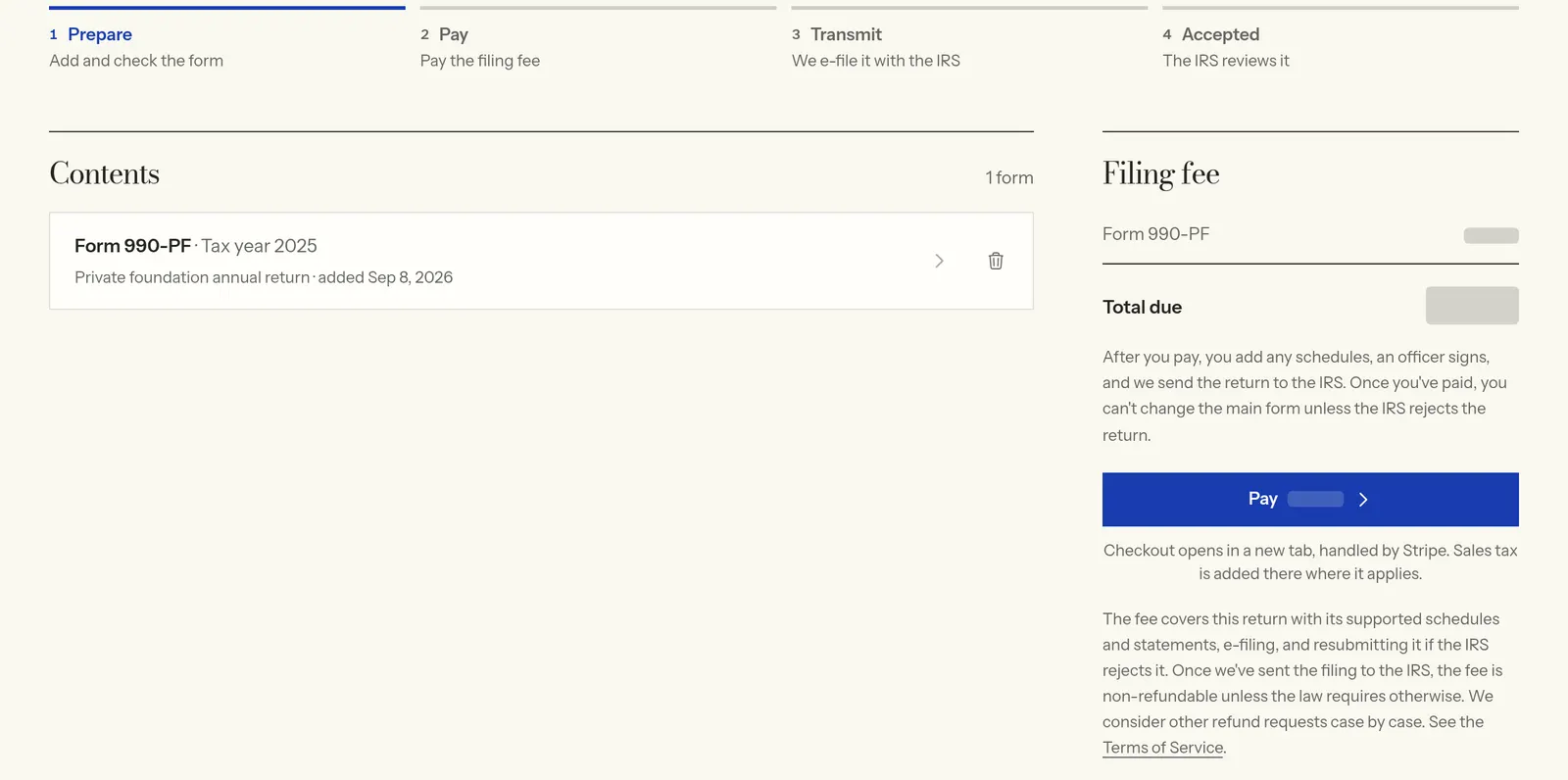 The filing page for an example Form 990-PF before payment: the prepare, pay, transmit and accepted steps, and the filing fee panel with what the fee covers and the refund terms