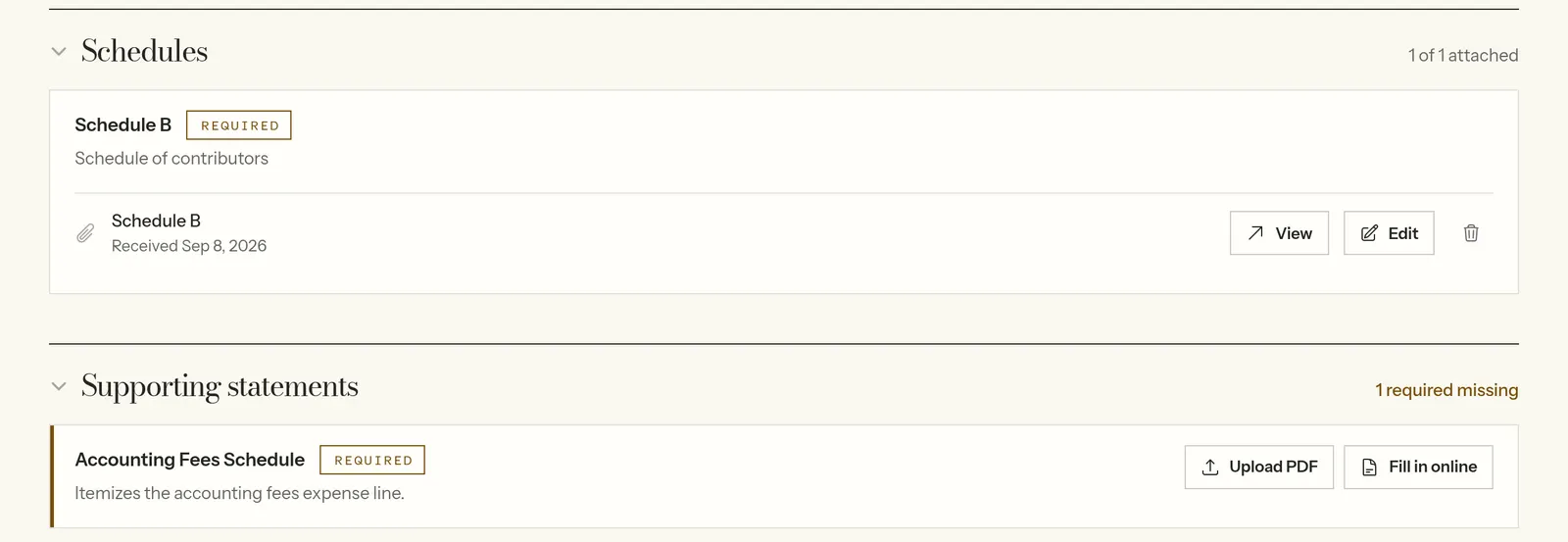 The attachments page for an example Form 990-PF: Schedule B attached, one supporting statement still required